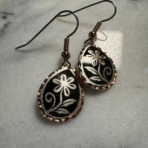 Handcrafted Boho Copper Earrings, Floral Wire Black Drop Earrings, Gift Box